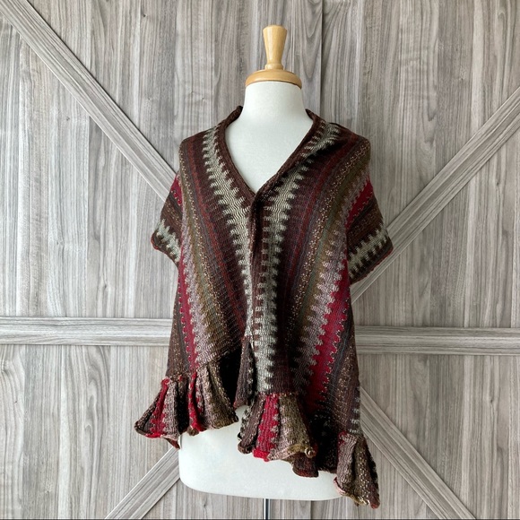 Ruffle Scarf Striped Shawl in Brown, Red, and Ivory - Picture 2 of 8